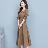 V-neck Elegant Fashion Long Sleeve Button Elastic Waist Belt Dress Comfortable Simple Solid Color Autumn Women's Clothing