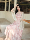 Casual Fairy Floral Strap Dress Women Chiffon Elegant Evening Party Midi Dress Ruffle Sweet Korean Dress Women Sweet Summer 2024