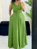 ZJKRL -  Summer Sleeveless Dresses for Women Plus Size Clothing Elegant Green Dress Elastic Waist Long Maxi Dress