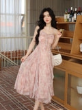 Casual Fairy Floral Strap Dress Women Chiffon Elegant Evening Party Midi Dress Ruffle Sweet Korean Dress Women Sweet Summer 2024