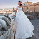 Zjkrl  -  Elegant Wedding Dresses Illusion Long Sleeve White Ivory Applique Lace Lady V-Neck Bridal Gowns Princess Sexy Backless Robe