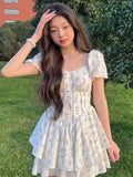 Zjkrl  -  High Waist Dress Women Summer Floral Sweet Square Collar Puff Sleeve Princess Girlish Tender Elegant Korean Style Preppy Chic