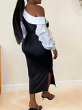ZJKRL -  Women Sexy Spring Dresses with White Diagonal Collar Slim Fit Dress Long Sleeves Black Elegant Dress with Slit