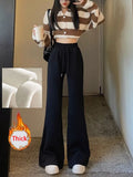 Zjkrl  -  holiday outfits Korean Winter Thick Flare Pants Women Casual High Waist M-3Xl Grey Trousers Lace Up New Pockets Loose Streetwear Sweatpants