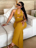 ZJKRL -  Halter Neck Dress for Women Evening Appliques Classy Elegant Gold Dress High Waisted Tights Summer Female Dress Long Sexy