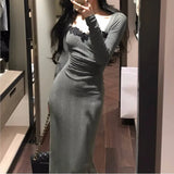 ZJKRL -  Elegant Bodycon Evening Party Dresses Women Long Sleeve Lace Square Collar Midi Dress High Split Prom Robe Autumn Vestidos New