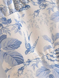 Retro French style Summer Blue White Floral Swallow Print Ruched Bandage Strap Mini Dress Sexy Ruffles Hem Lacing Up Sling Robe