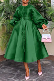 ZJKRL -  Elegant Satin Lantern Sleeve Party Maxi Dress Women Solid Button Down Shirt Evening Wedding Long Dress Women