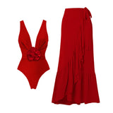 ZJKRL  -  Women's Vintage Print Deep V Bikini Set, Brazilian Beach Bathing Suit, Sexy Dress, 3D Flower Swimwear, Swimsuit Skirt, 1 Pc