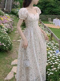 Vintage Puff Sleeve Fairy Midi Dress Women Sweet Elegant Korean Style Floral Dress Female 2024 Summer Casual Party Dresses Chic