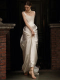 Zjkrl  -  Satin Mermaid Wedding Dresses Ivory Pleated Scoop Neck Spaghetti Strap Chapel Train For Beach Party Slim Long Bride Gowns