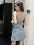 Zjkrl  -  Sexy Halter Mini Dress Women Sleeveless Rhinestone Patchwork Shiny Slim Fashion Backless Evening Party Dresses Club Prom Vestido