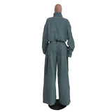 Zjkrl  -  Solid Loose Casual Denim 2 Piece Set Women Autumn Stand Collar Zipper Jacket High Waist Pocket Wide Leg Pants Hipster Streetwear