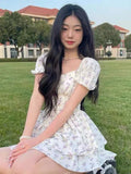 Zjkrl  -  High Waist Dress Women Summer Floral Sweet Square Collar Puff Sleeve Princess Girlish Tender Elegant Korean Style Preppy Chic