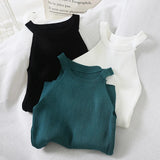 Zjkrl  -  Women Tank Top Knit Off Shoulder Sexy O-Neck T-Shirt Solid Halter Camisole Summer Female Casual Slim Simple New Pullover