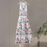 Zjkrl  -  Beach Print Halter Dress Women Summer Fluffy Sleevelss Backless Princess Dress Female Fashion Holiday Lady Long Robe