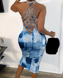 Zjkrl  -  Fake Jean Printed Sleeveless Cutout Plaid Back Bodycon Midi Women Dress  Vestidos Sexy Club Party Evening Dresses