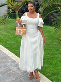 ZJKRL -  White Dresses Woman Summer Pleated Ruffle Hem Sexy Dress Ladies Off The Shoulder Elegant Long Slim Dress
