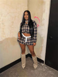 ZJKRL -  Plaid 2-Piece Set Women Zipper Long Sleeves Hooded Short Coat+Patchwork Elastic Waist Puffy Mini Skirt Matching Suits