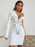 Zjkrl - 2023 Fall New Women's Diamond Beaded Mini Skinny Sexy V-neck Single Sleeve Bandage Dress Celebrity Runway Party Dress