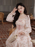 2024 Spring Pink Floral Elegant Dress Women Bandage Lace Print Sweet Vintage Dress Puff Sleeve Kawaii Dress Women Princess Fairy