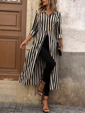 ZJKRL -  New Women's Extra Long Shirt Top Lapel Collar Long Sleeves Striped Long T-shirt Split-joint Pleated Blouse
