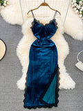 Zjkrl - Ins Fashion Women Christmas Red Long Dress High Waist Lace Patchwork Side Split Velvet Long Dress Party Vestidos