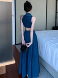 Zjkrl  -  Sleeveless Denim Dress For Women Metal Buckle Fashion Lapel Hollow Out Waist Slit A-line Vestido Robe Summer New Tide XX141
