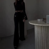 Zjkrl  -  holiday outfits Women Pant Set Solid Two Piece Sets Turtleneck Full Sleeve Tops Sexy Wide Leg Long Pants Loose Casual Regular Splice