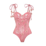 ZJKRL  -  New 3D Butterfly Decoration Sweet Girl Pink Shiny One-piece Swimsuit Set for Beauty Women