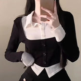 Zjkrl  -  holiday outfits  Autumn Fashion Sweet Solid Style T-shirts Women Korean Solid Patchwork Tees Female Pretty Spicy Fake Two Piece Long Sleeve Tops