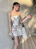 ZJKRL -  Puss Flower Print 2-Piece Set Women Y2K Single-Breasted Metal Buckle Wrap Top+Lace Folds Hem Skirt Sweet Matching Suits