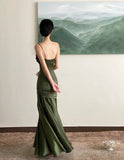 Elegant Emerald Green Irregular Patchwork Evening Party Dress High Waist Spaghetti Strap Pleated Hem Prom Gown For Women
