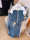 Zjkrl  -  holiday outfits Summer New Stitched Zipper T-shirt Top Female Set Elegant Women's Jeans Casual Blouse Two Piece Set Ladies Tracksuits