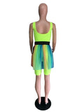 ZJKRL -  Summer Women Rainbow Print Mesh Mini Skirt Suit and Neon Green O Neck Rompers Matching Two 2 Piece Set Outfit with Belt
