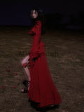 Zjkrl  -  Autumn Red Vintage Elegant Dress Women Flare Sleeve Designer Sweet Long Dress Female Ruffles Retro Princess Irregular Dress