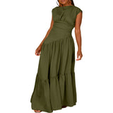 ZJKRL -  Summer Solid Pleated Maxi Dress Women Casual Ruched High Waist Sleeveless Work Business Party Long Dress Women