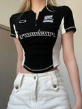 Zjkrl  -  Black Short Sleeve Women's T-shirt Summer Letter Embroidery Patchwork Sexy O-Neck Crop Top Casual Fashion Zippers T Shirt Female