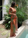 ZJKRL -  Puss Sexy Colorful Print 3 Piece Set Women Y2K Double Buckle Tube Bra+Thong+Split Skirts Vacation Beach Swimsuit Clubwear