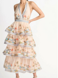 Zjkrl  -  Beach Print Halter Dress Women Summer Fluffy Sleevelss Backless Princess Dress Female Fashion Holiday Lady Long Robe