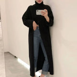 Zjkrl  -  holiday outfits High Neck Loose Slit Long Knit Sweater Bottom Sweater Dress Vestidos De Mujer Black Knitted Robe Vintage New Korean