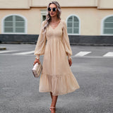 Zjkrl - Autumn Dress Women Clothing 2023 New Women's V-neck Lantern Sleeve Solid Color Navy Blue Black Light Blue Apricot Long Dresses