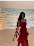 ZJKRL -  Fashionable Suspender Sexy Floral Red Dress Summer Print Elegant V-neck Pullover Tie Tight Women's Backless Long Dress Z639