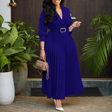 ZJKRL -  NEW Spring Casual Pleated Party Maxi Dress Women Solid V Neck Ruched Club Evening Street Wear Long Dress with Belt