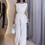 Zjkrl  -  Two Piece Sets Women Pants Set Round Neck Belt Sleeveless White High Waist Tops Solid Wide Leg Long Pants Slim Fit Elegant
