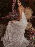 Women Elegant Spaghetti Strap Long Dress Floral Lace Sleeveelss Sling Backless Lace-up Summer Beach Holiday Sundress