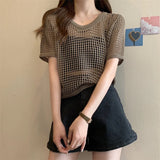 Zjkrl  -  Women Chic Short Sleeved Knit T-shirt Casual Beach Slim Tops O-Neck Sexy Hollow Out Knitting Shirt For Women Summer