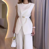 Zjkrl  -  Two Piece Sets Women Pants Set Round Neck Belt Sleeveless White High Waist Tops Solid Wide Leg Long Pants Slim Fit Elegant