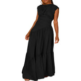 ZJKRL -  Summer Solid Pleated Maxi Dress Women Casual Ruched High Waist Sleeveless Work Business Party Long Dress Women