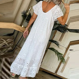 Fashion O-neck Ruffled Long Dress 2024 Elegant Lace Crochet Hollow Loose Party Dress Women Casual Short Sleeve Solid Maxi Dress